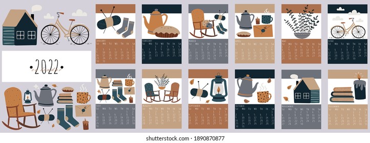 Calendar 2022. Cute hygge elements calendar 2022. Trendy calendar in Scandinavian style. Vector template. Danish lifestyle. 