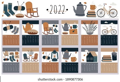 Calendar 2022. Cute hygge elements calendar 2022. Trendy calendar in Scandinavian style. Vector template. Danish lifestyle. 