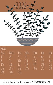 Calendar 2022. Cute hygge elements calendar 2022. Trendy calendar in Scandinavian style. Vector template. Danish lifestyle. 