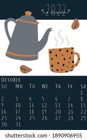 Calendar 2022. Cute hygge elements calendar 2022. Trendy calendar in Scandinavian style. Vector template. Danish lifestyle. 