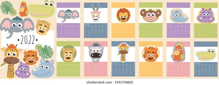 Calendar 2022. Cute Calendar 2022 For Kids. Can Be Used At School Or Children’s Bedrooms. Zoo And Animals Concept Calendar. Vector Template.