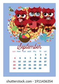 Calendar 2022. Cute owls and birds for every month. Wall vertical calendar for 2022, the week starts on Sunday. A4 format.