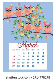 Calendar 2022. Cute owls and birds for every month. Wall vertical calendar for 2022, the week starts on Sunday. A4 format.