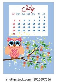Calendar 2022. Cute owls and birds for every month. Wall vertical calendar for 2022, the week starts on Sunday. A4 format.