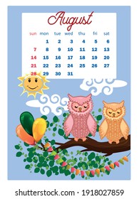 Calendar 2022. Cute owls and birds for every month. Wall vertical calendar for 2022, the week starts on Sunday. A4 format.