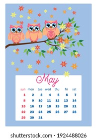 Calendar 2022. Cute owls and birds for every month. Wall vertical calendar for 2022, the week starts on Sunday. A4 format.