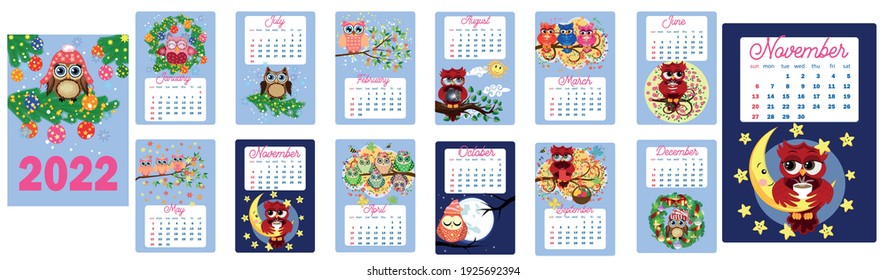 Calendar 2022. Cute owls and birds for every month. Wall vertical calendar for 2022, the week starts on Sunday. A4 format.