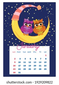 Calendar 2022. Cute owls and birds for every month. Wall vertical calendar for 2022, the week starts on Sunday. A4 format.