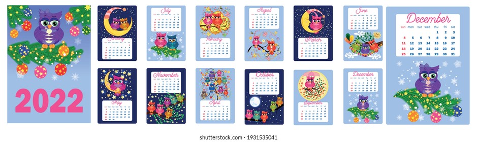 Calendar 2022. Cute owls and birds for every month. Wall vertical calendar for 2022, the week starts on Sunday. A4 format.