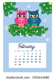 Calendar 2022. Cute owls and birds for every month. Wall vertical calendar for 2022, the week starts on Sunday. A4 format.
