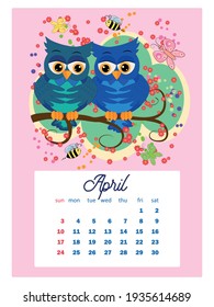 Calendar 2022. Cute owls and birds for every month. Wall vertical calendar for 2022, the week starts on Sunday. A4 format.