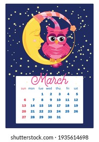 Calendar 2022. Cute owls and birds for every month. Wall vertical calendar for 2022, the week starts on Sunday. A4 format.