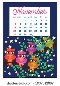 Calendar 2022. Cute owls and birds for every month. Wall vertical calendar for 2022, the week starts on Sunday. A4 format.
