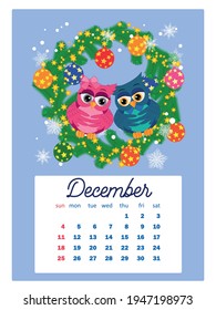 Calendar 2022. Cute owls and birds for every month. Wall vertical calendar for 2022, the week starts on Sunday. A4 format.