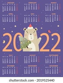 Calendar for 2022. Cute Santa bear with Christmas tree. Vector illustration. Vertical calendar template A3 for 12 months in English. Week starts From Monday. Stationery, printing, organizer, decor