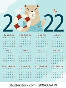 Calendar for 2022. Cute sea bear with a seagull. Vector illustration. Vertical A3 calendar template 12 months in English. Week starts on Sunday. Stationery, printing, organizer, interior decor