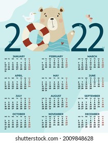 Calendar for 2022. Cute sea bear with a seagull. Vector illustration. Vertical A3 calendar template 12 months in English. Week starts on Monday. Childrens collection