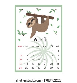 Calendar for 2022 cute Sloth characters, color vector illustration in cartoon style