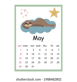 Calendar for 2022 cute Sloth characters, color vector illustration in cartoon style