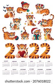 Calendar for 2022. Cute tiger cubs. 12 months. The symbol of the year is a tiger. Month, week, year. Vector image on an isolated white background.