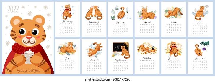 Calendar 2022. A cute tiger at different times of the year. Merry Christmas. Symbol of Chinese New Year 2022. For calendar, planner, note. Set of 12 months 2022 pages