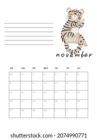 Calendar 2022 with cute tiger illustration. November vector calendar card template for one month  with Chinese symbol of the New Year.
