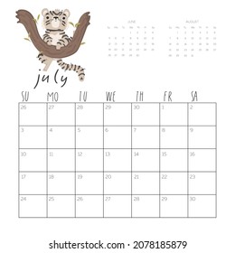 Calendar 2022 with cute tiger illustration. July vector calendar card template for one month  with Chinese symbol of the New Year.