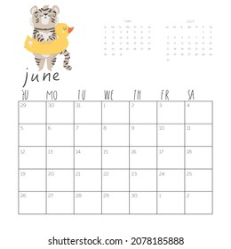 Calendar 2022 with cute tiger illustration. June vector calendar card template for one month  with Chinese symbol of the New Year.