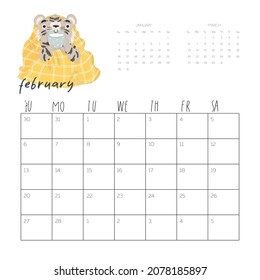 Calendar 2022 with cute tiger illustration. February vector calendar card template for one month  with Chinese symbol of the New Year.
