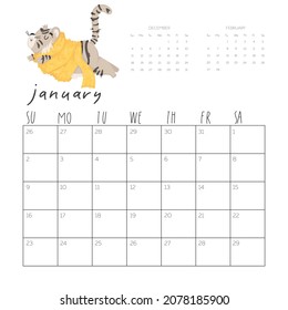 Calendar 2022 with cute tiger illustration. January vector calendar card template for one month  with Chinese symbol of the New Year.