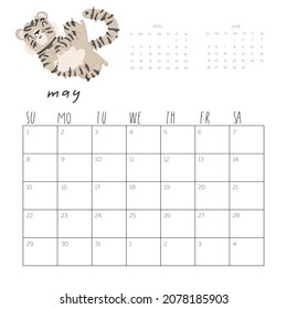 Calendar 2022 with cute tiger illustration. May vector calendar card template for one month  with Chinese symbol of the New Year.