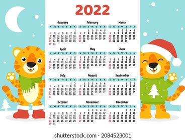 Calendar for 2022 with a cute tiger symbol of the new year. Fun and bright design. Isolated color vector illustration. cartoon style.