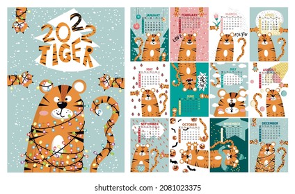 Calendar for 2022 with cute tiger. Calendar with week numbering. Vector illustration.