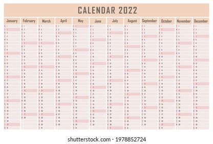 Calendar 2022, daily event planner, vector color illustration
