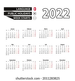 Calendario 2022 en danés, la semana comienza el lunes. Calendario de vectores 2022 año.