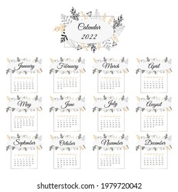 calendario 2022. Delicada y florida decoración. Cuadrícula vertical. Los meses están enmarcados. Plantilla de diseño para diarios femeninos y calendarios de pared de regalo. Año Nuevo. Ilustración del vector