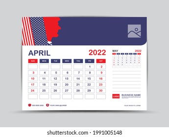 Calendar 2022 design, April month template, desk calendar 2022 layout, Usa flag background concept, advertisement, printing, Business template vector eps10, Red background