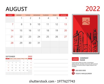 Calendar 2022 design, August 2022 template, week start on Sunday, Desk calendar 2022 design, simple, Wall calendar, Poster, planner  vector