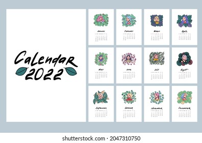 Calendar 2022 design concept with portrait girls with plants. Doodle sketch. Trendy vector illustration.