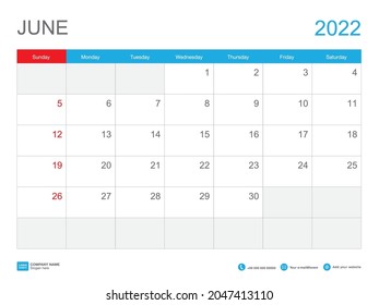 Calendar 2022 design - June month, Desk Calendar 2022 template, Planner simple, Week starts Sunday, Stationery, Wall calendar, printing media, vector illustration