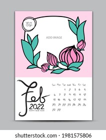 Calendar 2022 design nature concept, wall calendar 2022 year, Lettering calendar, Desk calendar template, February page, hand-drawn leafs and flowers vector illustration Can be used for postcard
