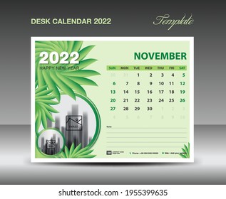 Calendar 2022 design, November Month template, Desk Calendar 2022 Template Green flowers nature concept, planner, Wall calendar creative idea, advertisement, printing template, vector eps10