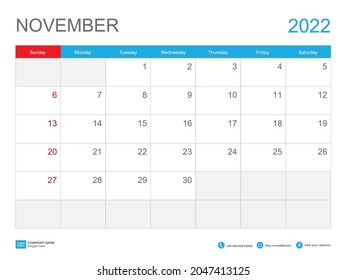 Calendar 2022 design - November month, Desk Calendar 2022 template, Planner simple, Week starts Sunday, Stationery, Wall calendar, printing media, vector illustration