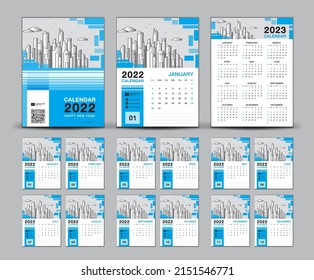 Calendar 2022 design set and blue cover calendar 2022 template, Week starts Sunday, Wall calendar 2023 year, set desk calendar design, planner, printing, poster, advertisement, vector eps10