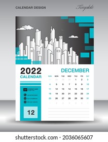 Calendar 2022 design template, December 2022 year layout, vertical calendar design, Desk calendar template, Wall calendar, Planner, week starts on sunday, Blue square shape background, vector