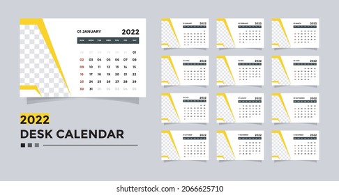 Calendar 2022 design template. Desk calendar for 2022 week start on Sunday. Set of 12 month vector illustrations