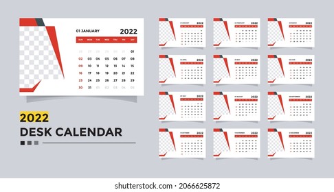 Calendar 2022 design template. Desk calendar for 2022 week start on Sunday. Set of 12 month vector illustrations