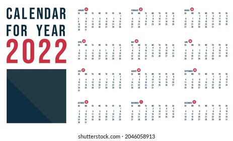 Calendar for 2022  design template isolated on a white background. Sunday to Monday,  , Flat cartoon flat style. illustration Vector EPS 10