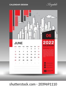 Calendar 2022 design template, June layout, calendar date, Desk calendar template, Wall calendar 2022 year, Planner, week starts on sunday, printing media, Red square shape background, vector