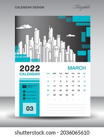 Plantilla de diseño Calendario 2022, diseño de marzo de 2022 año, diseño de calendario vertical, plantilla de calendario de escritorio, calendario de pared, planificador, semana comienza el domingo, fondo de forma cuadrado azul, vector